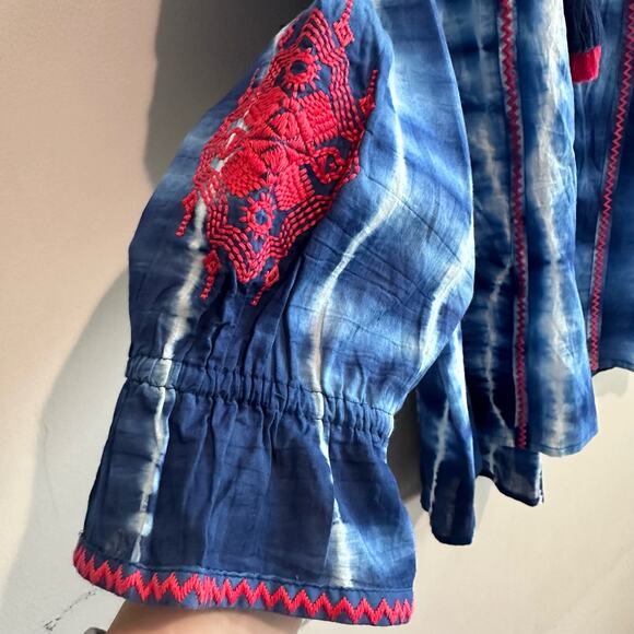 Caffe Marrakesh Embroidered Tie Dye Tassel Blouse Blue M - Picture 6 of 8
